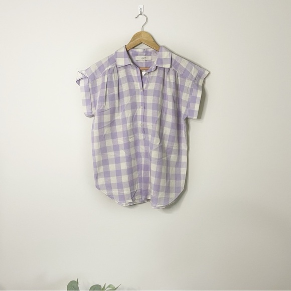 [LOFT] Purple and White Check Print Popover Linen Blend Short Sleeve Top - Picture 1 of 7